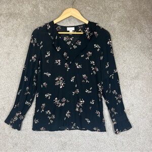 J Jill Blouse Womens Small Black Floral Long Sleeve Ruffle V Neck Rayon- 3540
